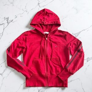 Tommy Hilfiger Embroidered Cropped Zip Hoodie Logo Red Preppy Cotton Womens Med